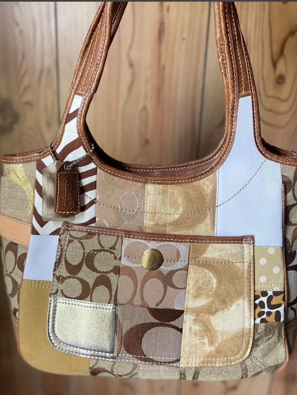 Coach Patchwork Shoulder Bag in Brown, Tan, Cream